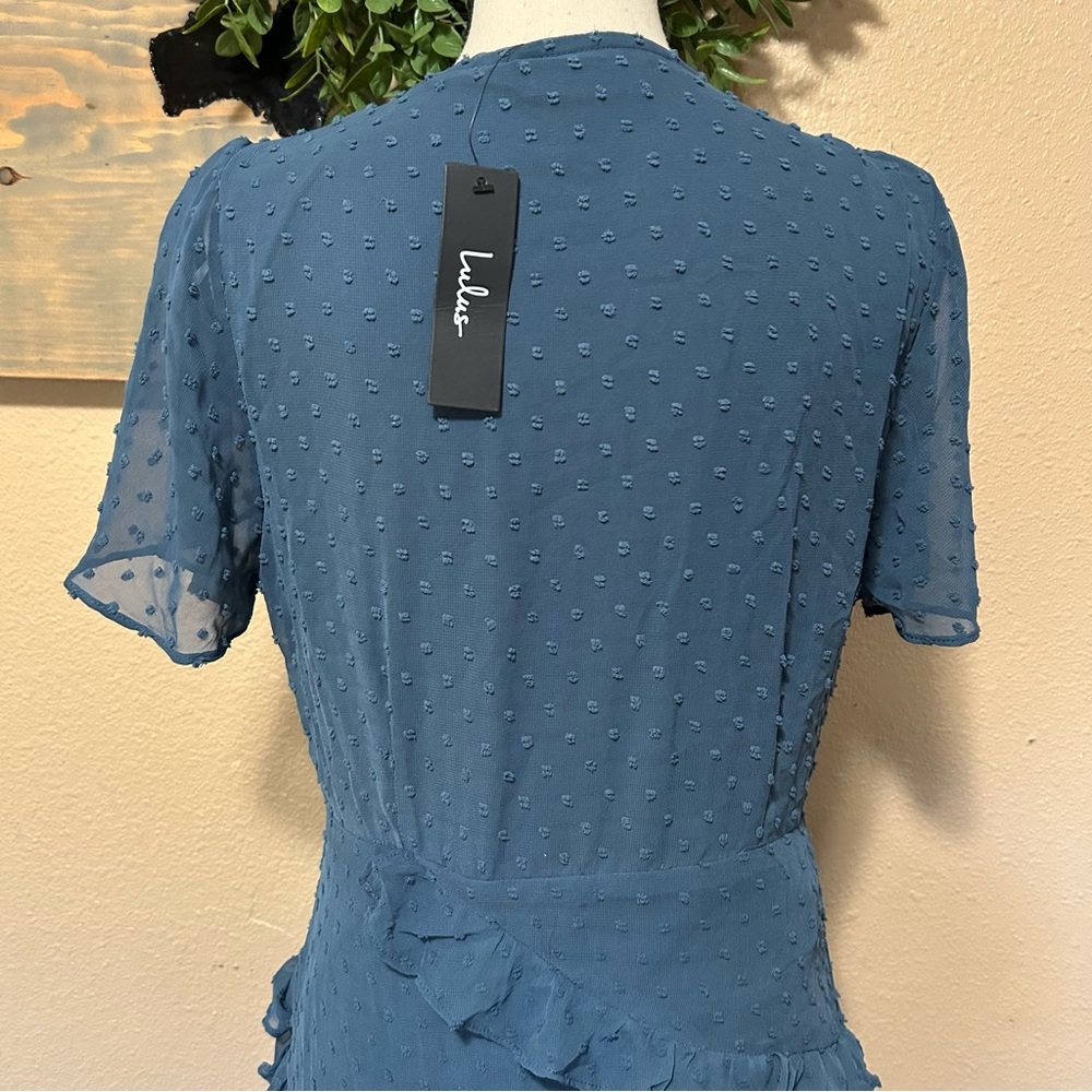 NWT Next to You Slate Blue Swiss Dot Ruffled Midi Dress - Picture 4 of 9